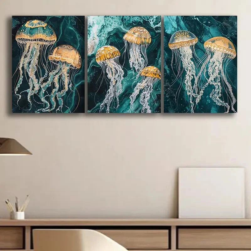 3pcs Jellyfish Design Dark Color Perfect Wall Art Set Canvas Framed 40x60cm - High Quality Print 100% Australian Made Wall Canvas Ready to Hang