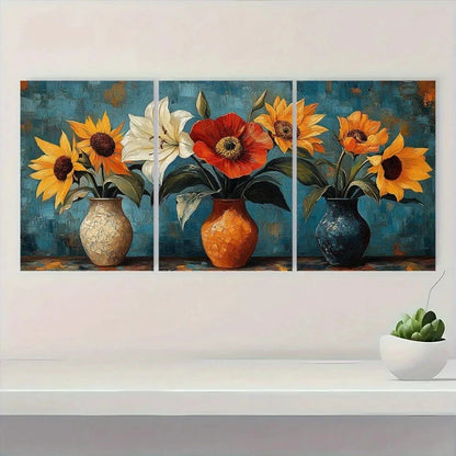 3pcs Vibrant Red Yellow & White Sunflowers Metal Print Ready to Hang Art