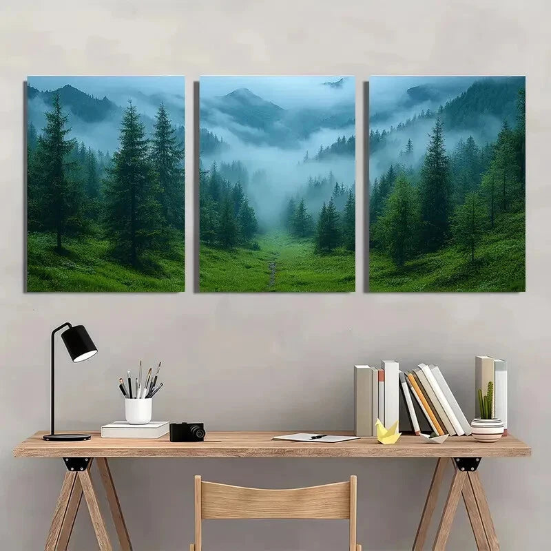 3pcs Tranquil Heights Misty Forest and Foggy Metal Print Ready to Hang Art