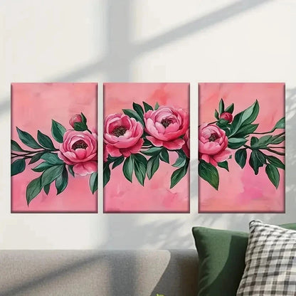 3pcs Pink Peonies with Green Leaves Wall Art Set Canvas Framed 40x60cm - High Quality Print 100% Australian Made Wall Canvas Ready to Hang