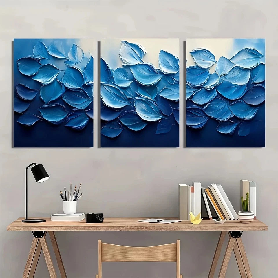 3pcs Abstract Blue Leaf Textured Swirling Metal Print Ready to Hang Art