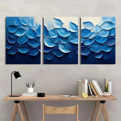 3pcs Abstract Blue Leaf Textured Swirling Metal Print Ready to Hang Art