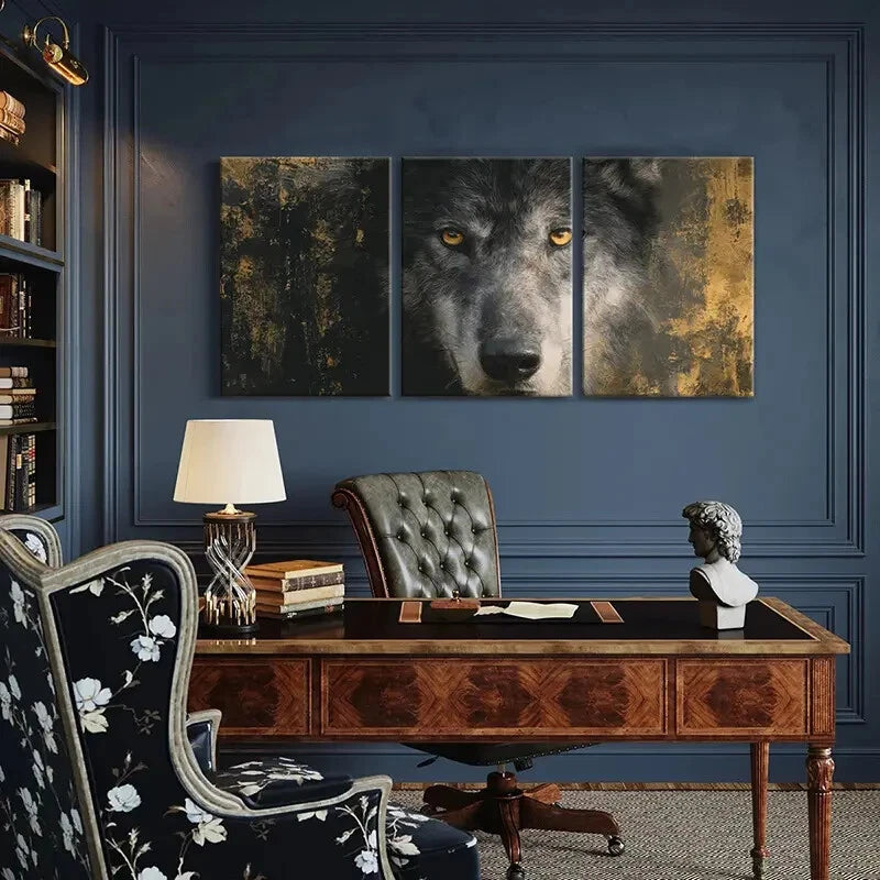 3pcs Wolf Portrait Golden Eyes Detailed Fur Metal Print Ready to Hang Art