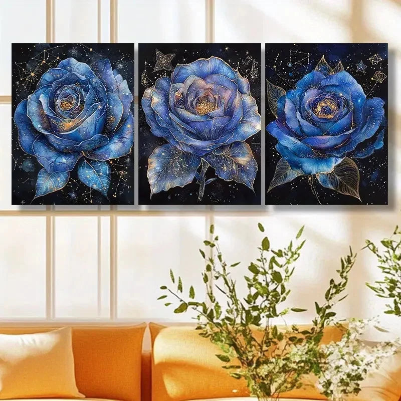 3pcs Elegant Blue Rose Trio Accents Detailed Petal Metal Print Ready to Hang Art