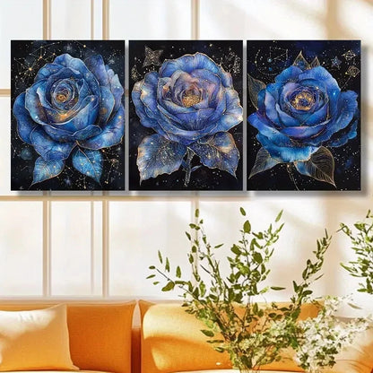 3pcs Elegant Blue Rose Trio Accents Detailed Petal Metal Print Ready to Hang Art