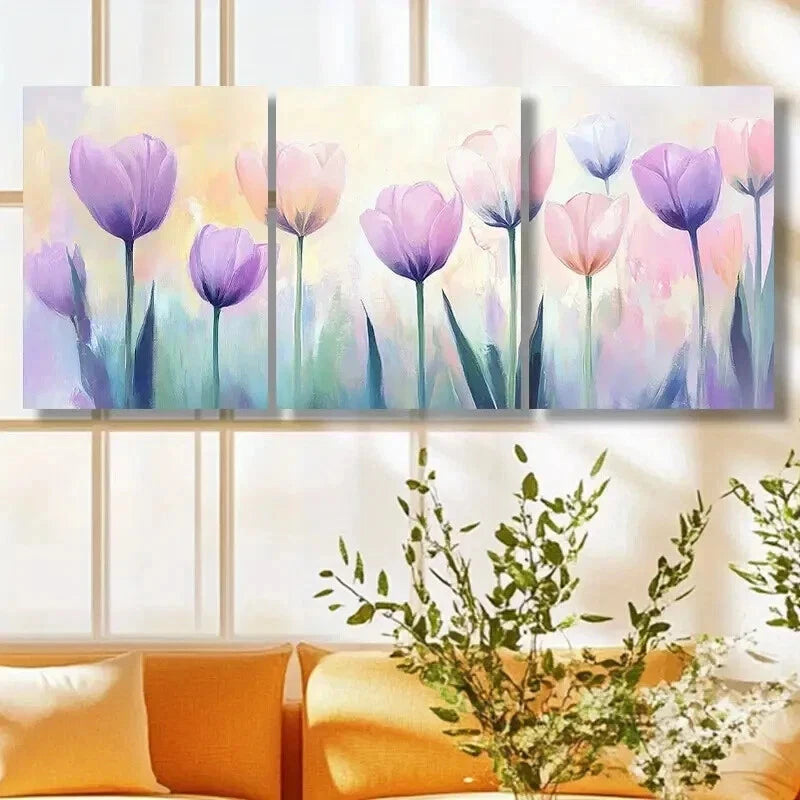 3pcs Vibrant Pink & Purple Tulips Decoration Wall Art Set Canvas Framed 40x60cm - High Quality Print 100% Australian Made Wall Canvas Ready to Hang