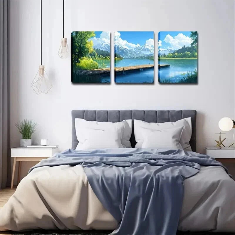 3pcs Serene Lake with Wooden Trestle Perfect Wall Art Set Canvas Framed 40x60cm - High Quality Print 100% Australian Made Wall Canvas Ready to Hang
