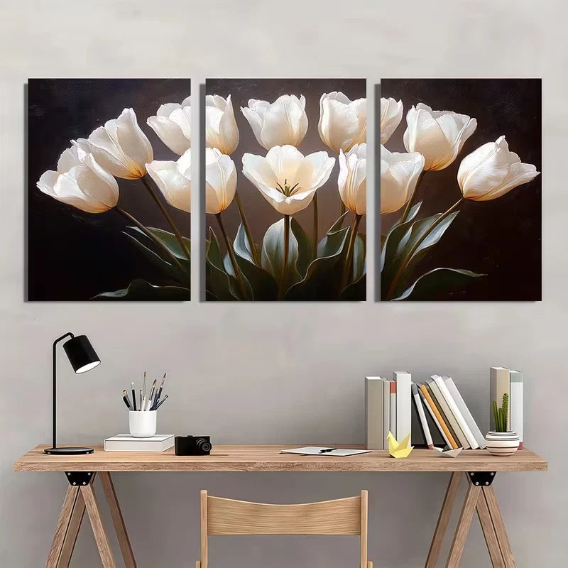 3pcs White Tulips with Black Oil Painting Wall Art Set Canvas Framed 60x90cm - High Quality Print 100% Australian Made Wall Canvas Ready to Hang