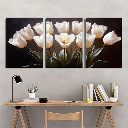3pcs White Tulips with Black Oil Painting Wall Art Set Canvas Framed 60x90cm - High Quality Print 100% Australian Made Wall Canvas Ready to Hang