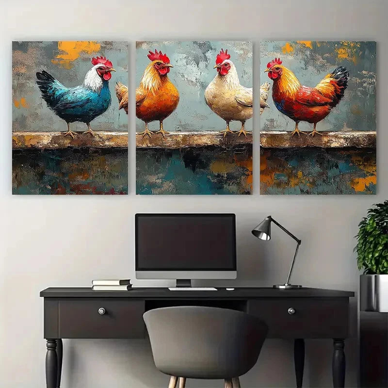 3pcs Vibrant Rooster Colorful Farm Birds Perfect Wall Art Set Canvas Framed 60x90cm - High Quality Print 100% Australian Made Wall Canvas Ready to Hang