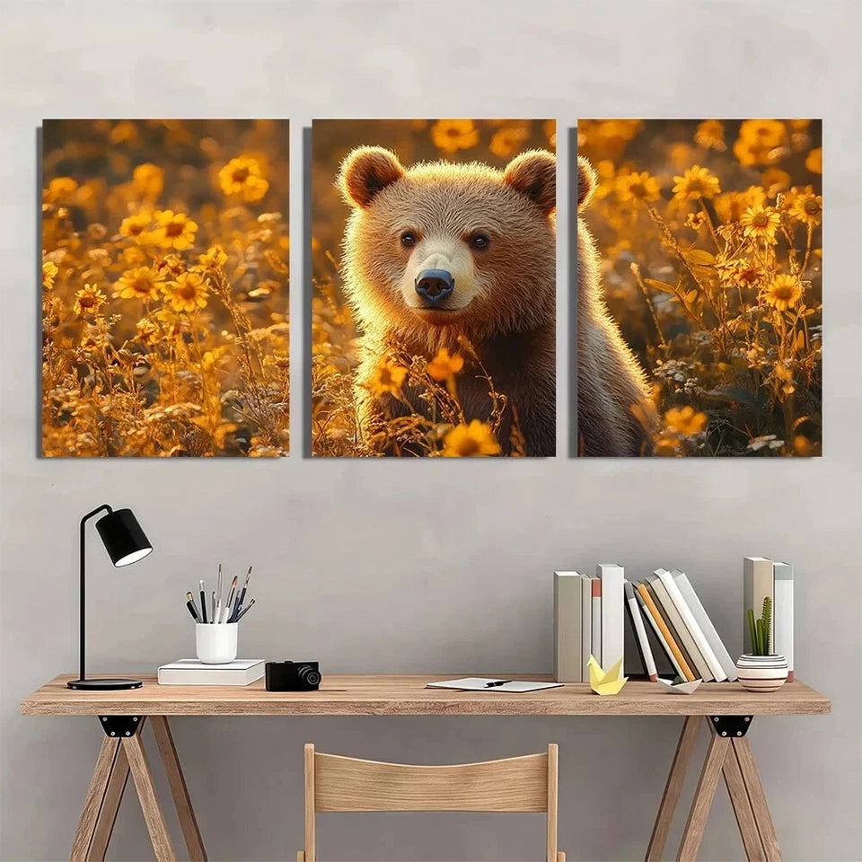 3pcs Adorable Brown Bear Animal Sunflowers Metal Print Ready to Hang Art