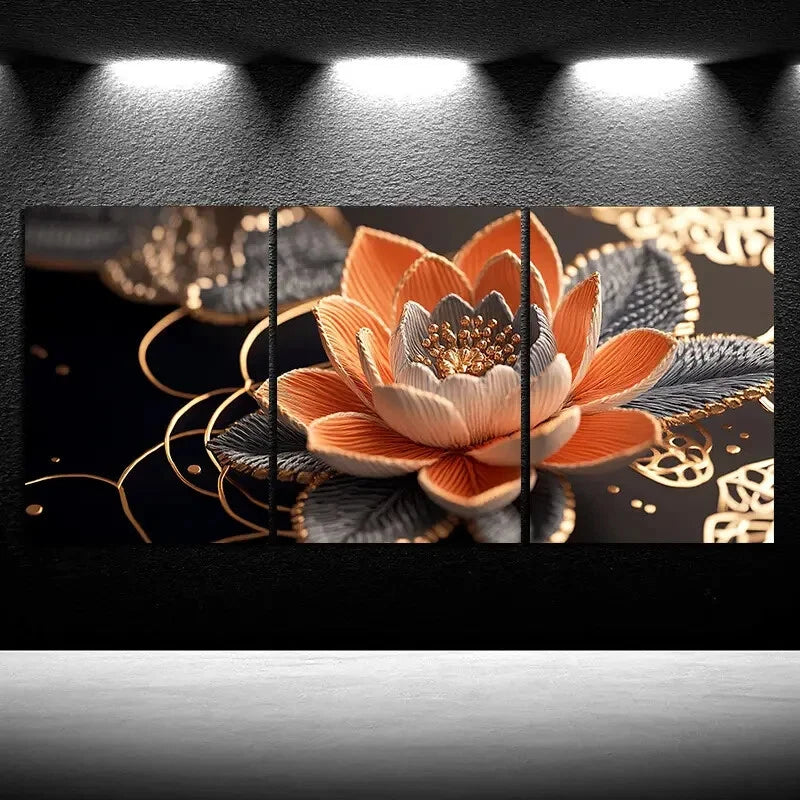 3pcs Water Lily Trio Golden Silver Modern Metal Print Ready to Hang Art