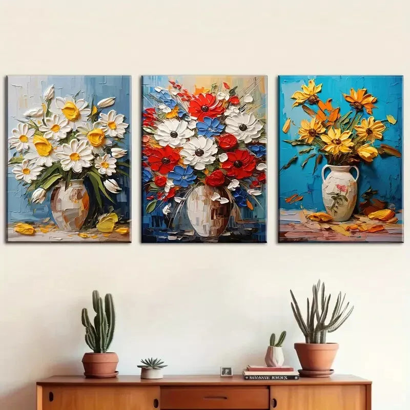 3pcs Painting Of A Modern Floral Bright Potted Plant Canvas Framed 40x60cm - High Quality Print 100% Australian Made Wall Canvas Ready to Hang