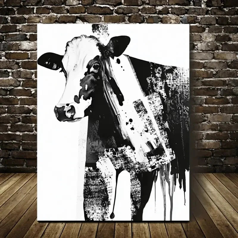 Modern Abstract Black and White Cow Painting 40x60cm Metal Print Ready to Hang