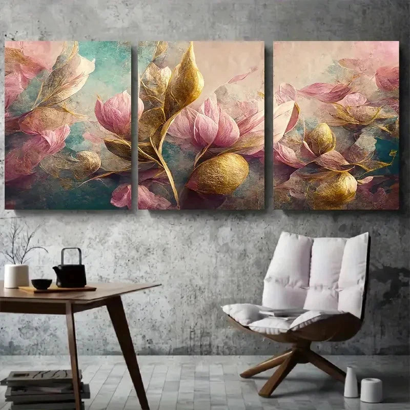 3pcs Elegant Pink & Golden Magnolia Floral Metal Print Ready to Hang Art
