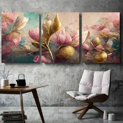 3pcs Elegant Pink & Golden Magnolia Floral Metal Print Ready to Hang Art
