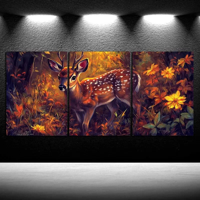 3pcs Deer Under The Sun Forest Flowers Metal Print Ready to Hang Art