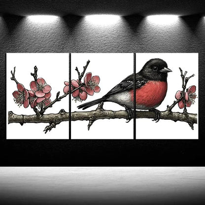 3pcs Birds on Plum Blossom Botanical Branches Metal Print Ready to Hang Art