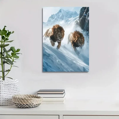 Scene Of Lion Chasing Each Other Painting 40x60cm Metal Print Ready to Hang