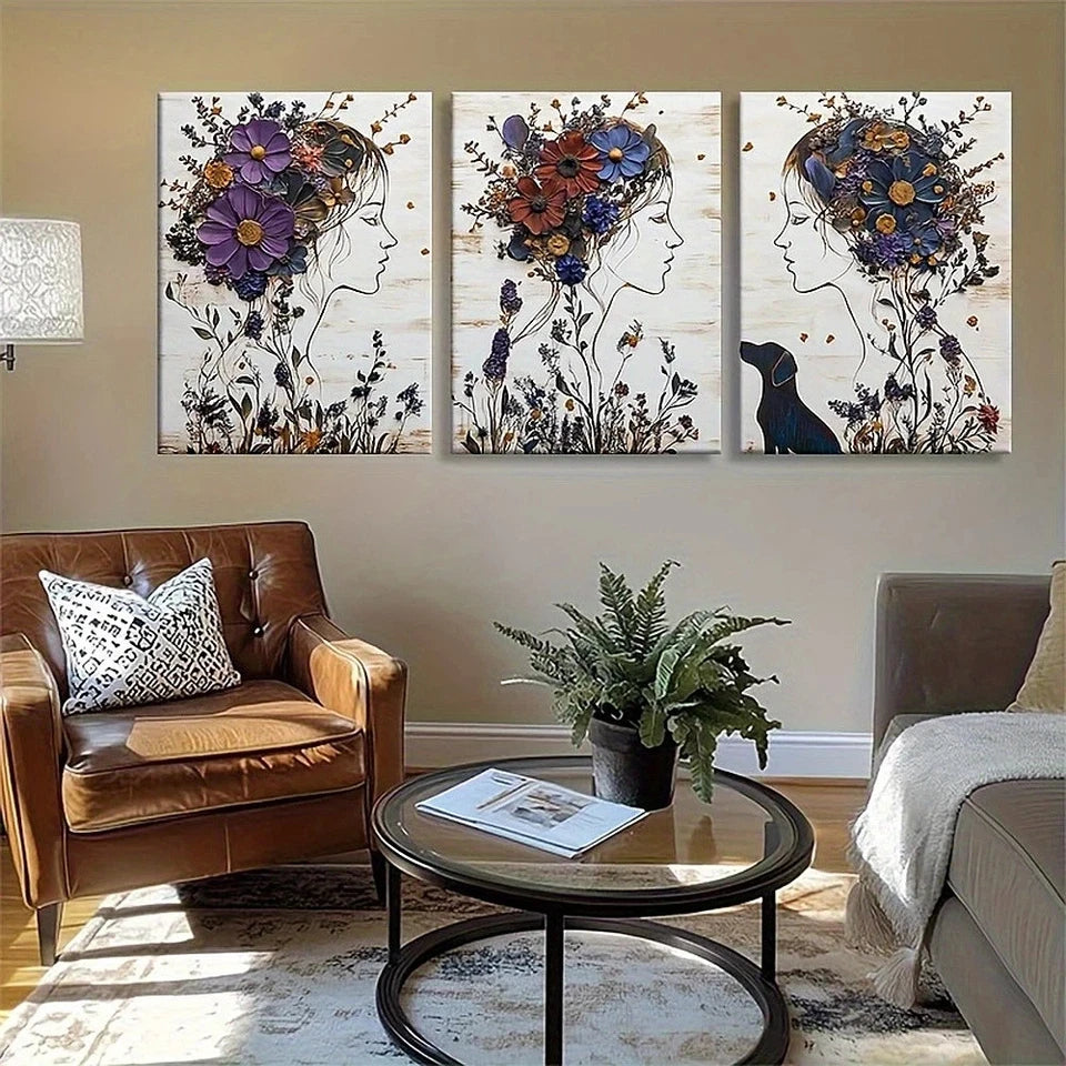 Living room with artistic wall decor featuring floral designs on a neutral wall.