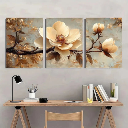 3pcs Elegant Peony & Magnolia Beige Vintage Metal Print Ready to Hang Art