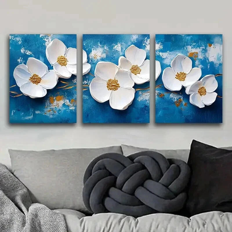 3pcs White Flowers on a Blue Background Wall Art Set Canvas Framed 40x60cm - High Quality Print 100% Australian Made Wall Canvas Ready to Hang