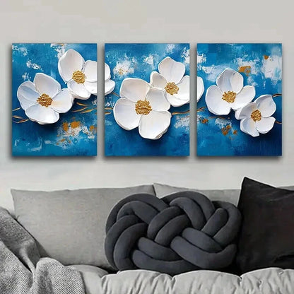 3pcs White Flowers on a Blue Background Wall Art Set Canvas Framed 40x60cm - High Quality Print 100% Australian Made Wall Canvas Ready to Hang