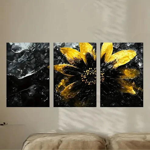 3pcs a yellow flower with black and white Wall Art Set Canvas Unframed - High Quality Print 100% Australian Made Wall Canvas
