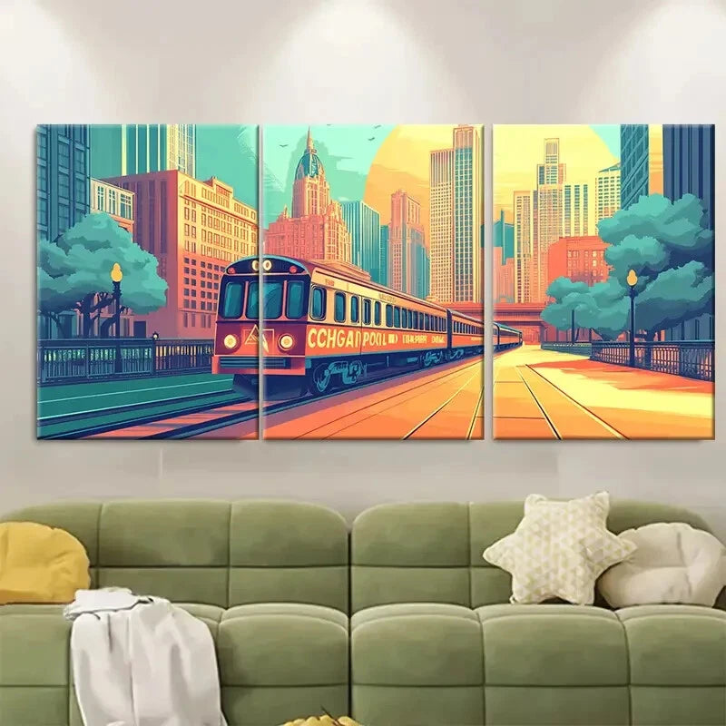 3pcs Aesthetic Cityscape with Tram & Skyscrapers Metal Print Ready to Hang Art