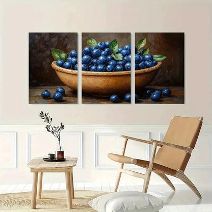 3pcs Blueberry Wooden Bowl Vibrant Perfect Wall Art Set Canvas Framed 40x60cm - High Quality Print 100% Australian Made Wall Canvas Ready to Hang