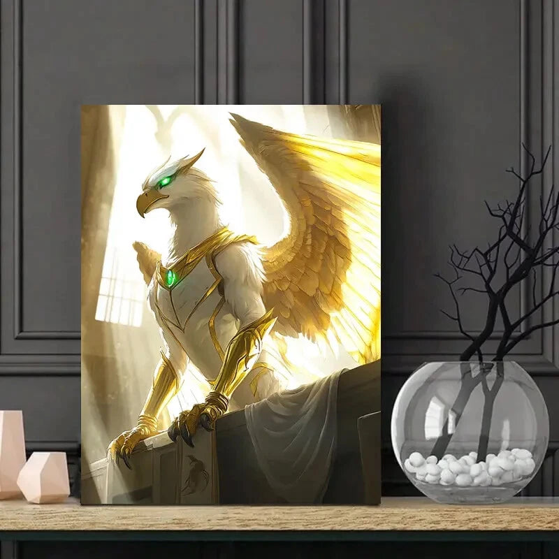 Golden Griffin Wearing White Armor with Green Eyes 40x60cm Metal Print Ready to Hang