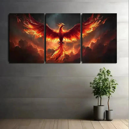 Three-panel metal art of a phoenix rising from flames