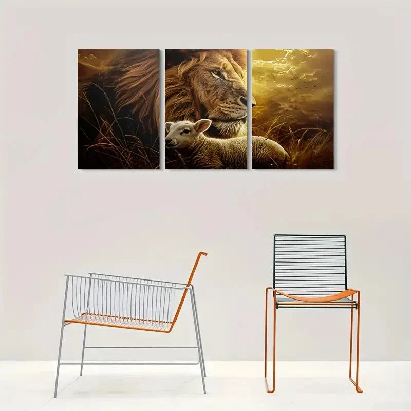 3pcs Lion and Lamb Peaceful Animal Themed Metal Print Ready to Hang Art