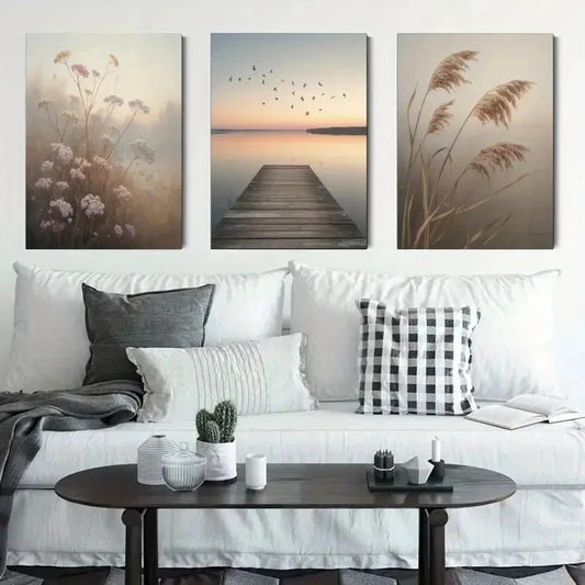 3pcs Dock, Birds, Wildflowers, Reed Grass  Wall Art Set Canvas Framed 40x60cm - High Quality Print 100% Australian Made Wall Canvas Ready to Hang