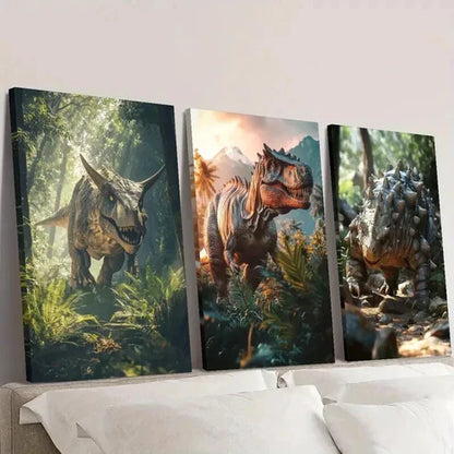 3pcs Dinosaurs in the Jungle Painting Wall Art Canvas Unframed - High Quality Print 100% Australian Made Wall Canvas