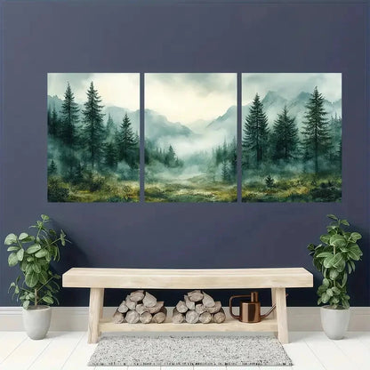 3pcs  Misty Forest Scene with Evergreen Trees Metal Print Ready to Hang Art