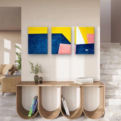 3pcs Blue, Yellow, and Pink Geometric Abstract Wall Art Set Canvas Framed 40x60cm - High Quality Print 100% Australian Made Wall Canvas Ready to Hang