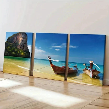 3pcs Natural Seaside Beach Island Boat Wall Art Set Canvas Framed 40x60cm - High Quality Print 100% Australian Made Wall Canvas Ready to Hang
