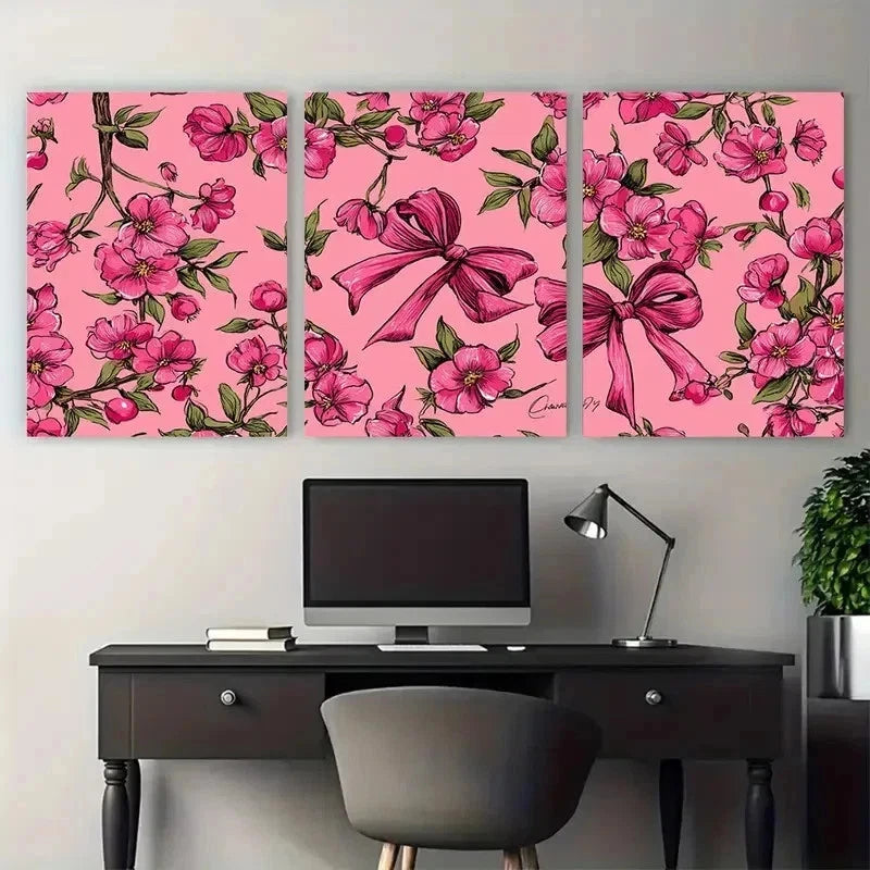 3pcs Ma Cherie Pink Bow Feminine Perfect Wall Art Set Canvas Framed 40x60cm - High Quality Print 100% Australian Made Wall Canvas Ready to Hang