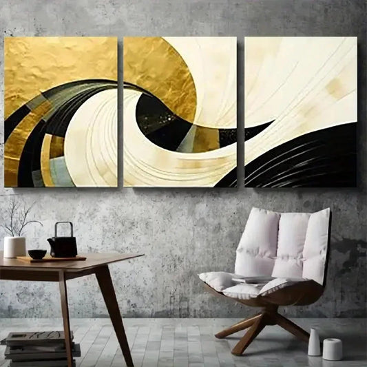 3pcs Modern Golden Black Abstract Wall Art Set Canvas Framed 60x90cm - High Quality Print 100% Australian Made Wall Canvas Ready to Hang