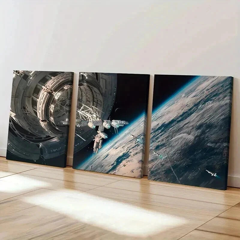 3pcs Spacecraft Satellite and Earth View Wall Art Set Canvas Framed 40x60cm - High Quality Print 100% Australian Made Wall Canvas Ready to Hang