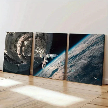 3pcs Spacecraft Satellite and Earth View Wall Art Set Canvas Framed 40x60cm - High Quality Print 100% Australian Made Wall Canvas Ready to Hang