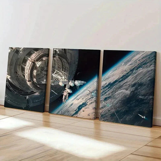 3pcs Spacecraft Satellite and Earth View Wall Art Set Canvas Framed 40x60cm - High Quality Print 100% Australian Made Wall Canvas Ready to Hang