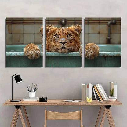 3pcs Vintage Lion Leopard & Tiger in Bathtub Red Metal Print Ready to Hang Art