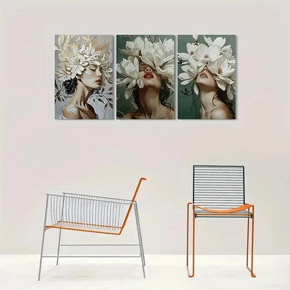 3pcs Floral Woman Portrait Triptych Metal Print Ready to Hang Art