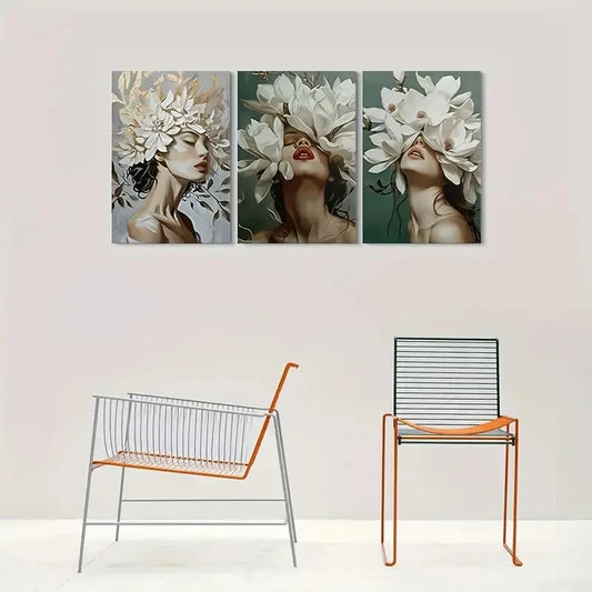 3pcs Floral Woman Portrait Triptych Metal Print Ready to Hang Art