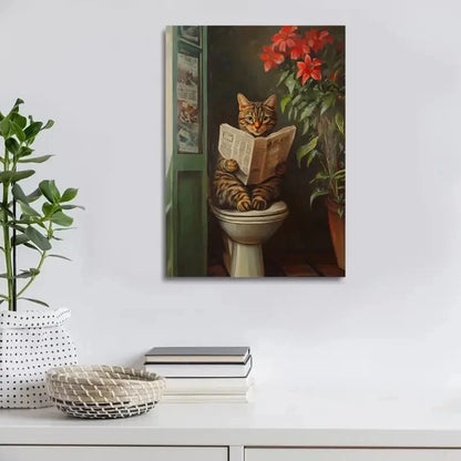 Whimsical Tabby Cat Reading Newspaper with Floral 40x60cm Metal Print Ready to Hang