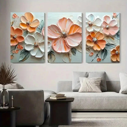 3pcs Floral Relief Art Painting Set Flower Metal Print Ready to Hang Art