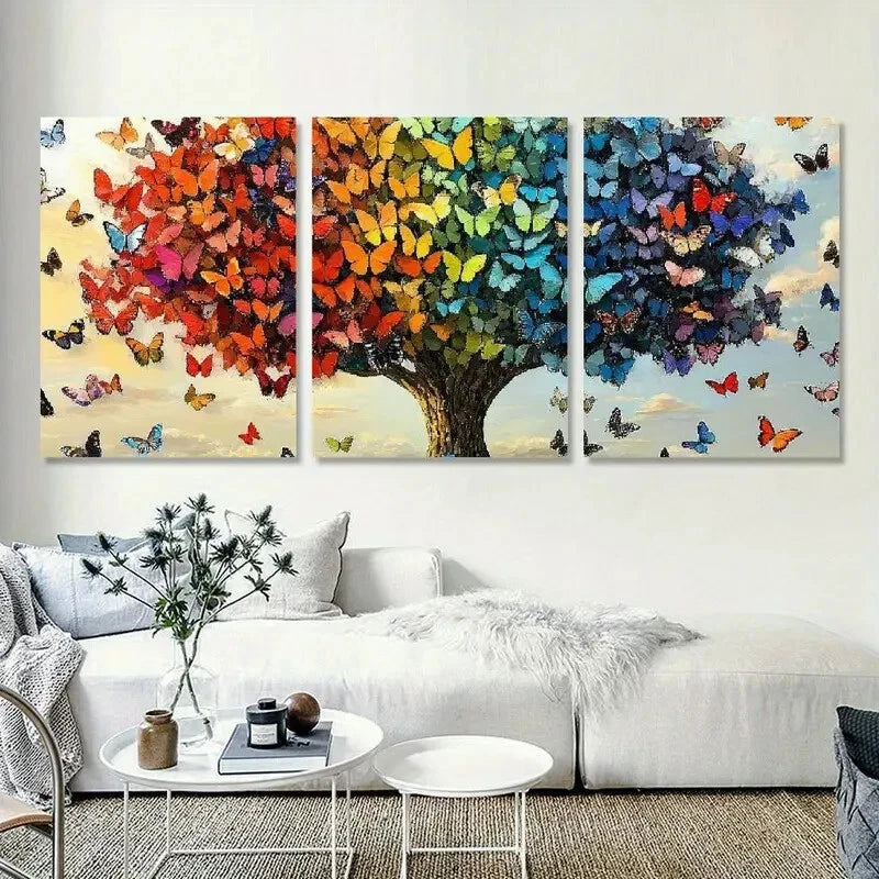 3pcs Butterfly Tree Contemporary Vibrant Metal Print Ready to Hang Art