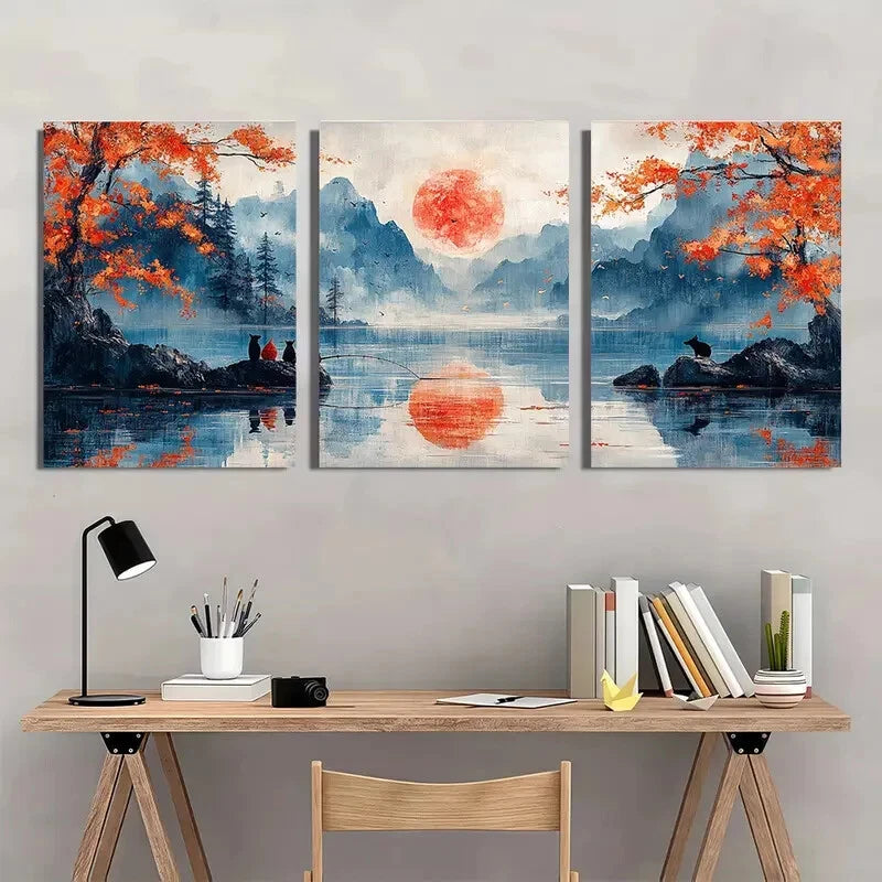 3pcs Cats and Dogs Fishing Nature Scenery Metal Print Ready to Hang Art